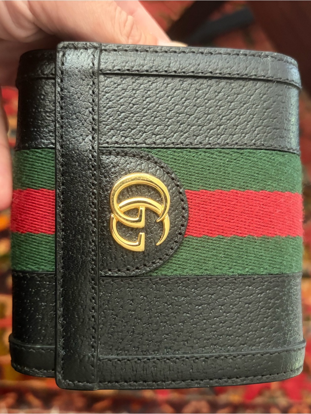 Gucci Black Leather Tri-Fold Wallet with Green and Red Stripe *like new
